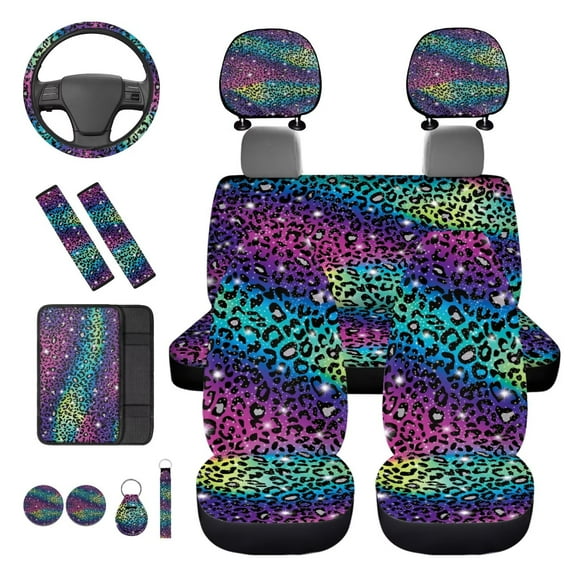 KUIFORTI Colorful Leopard Print Auto Seat Covers Set of 14 with Headrest Covers for Cars Auto Center Console Pad Car Steering Wheel Cover Seat Belt Pads Fit for Cars Sedan SUV