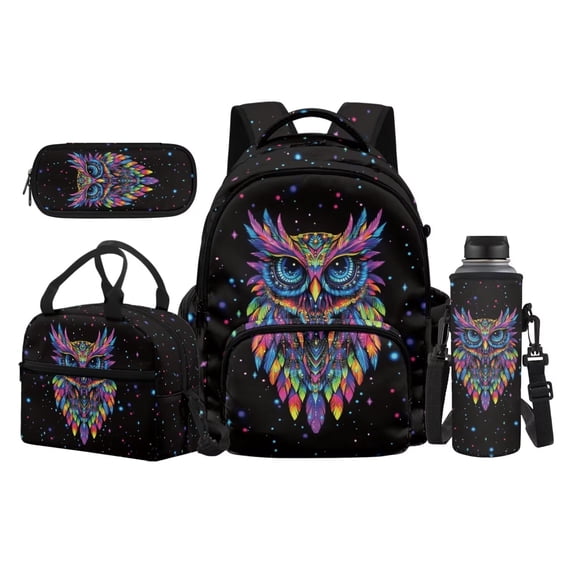 KUIFORTI Colorful Owl Bookbag and Lunch Box Set 4 piece Fashion Girls Backpack with Pencil Bags Water Bottle Sleeve for Teens Elementary Middle School Daily Use Back to School