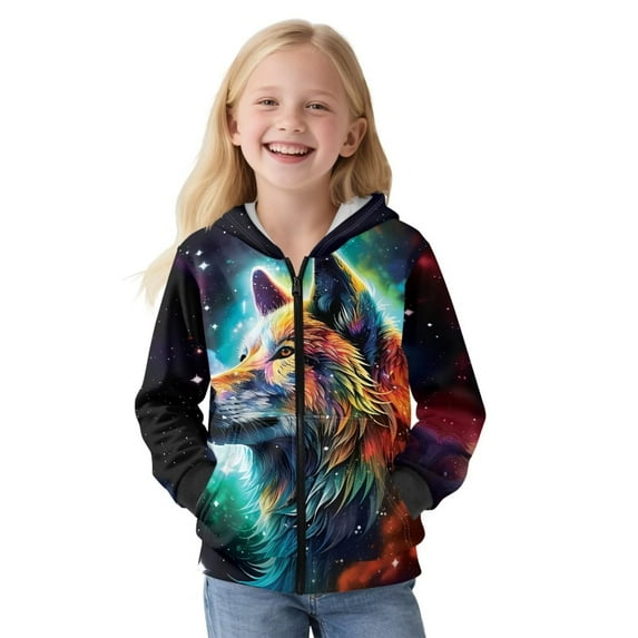 KUIFORTI Colorful Wolf Cute Sweatshirts for Girls 6-7 Cozy Thick Lined Zip Up Hooded Sweatshirts Skin-Friendly Fall Fashion Outfits Winter Clothes for Outdoor Activity