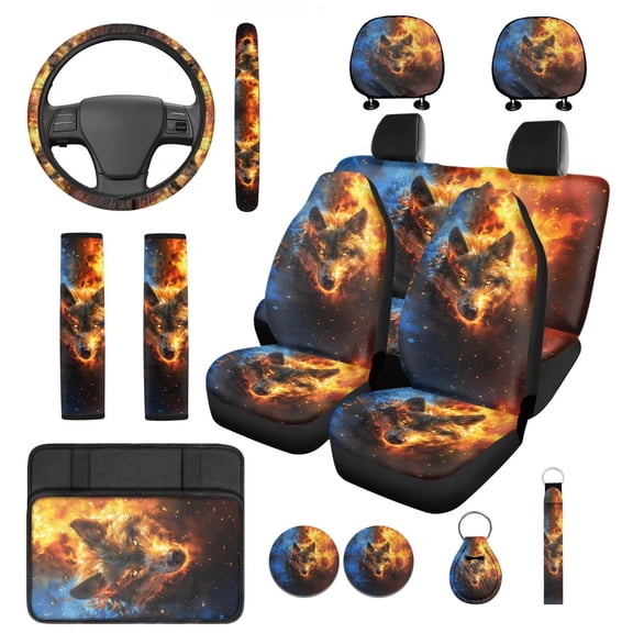 KUIFORTI Cool Wolf 14 Pcs Seat Covers for Car Auto Center Console Armrest Pad Steering Wheel Cover Wristlet Keychain Car Interior Automotive Fits Most Cars, Sedans, SUVs