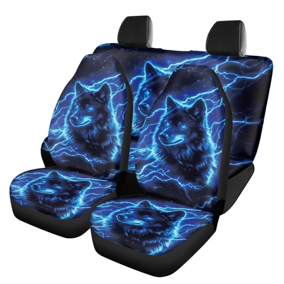 KUIFORTI Cool Wolf Car Seat Covers Full Set 4 Pcs Front Seats and Rear Bench Cover Protector Removable Automotive Accessories Easy to Install Universal for Cars Truck SUV Van