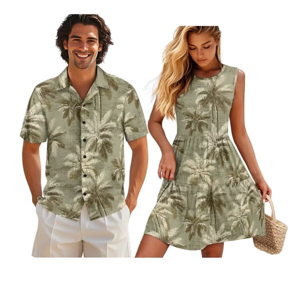 KUIFORTI Couple Matching Outfits Hawaii Palm Tree Womens Dresses Sleeveless Flowy Dress Button Down Shirt Men Short Sleeve Shirts Soft and Comfortable Quick-dry Gifts for Couples