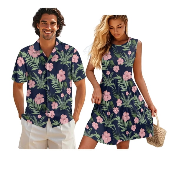 KUIFORTI Couple Matching Outfits Hawaiian Flowers Spring Lightweight His and Hers Matching Outfits Vacation Womens Summer Dresses Round Neck Loose Cut Quick-dry