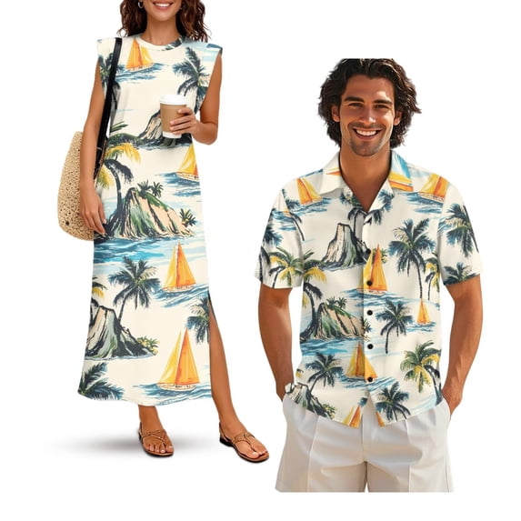 KUIFORTI Couple Matching Outfits Matching Hawaiian Outfits for Family Soft and Comfortable Quick-dry with Soft Fabric Suitable for Everyday Casual Wear Coastal Sailboat Print