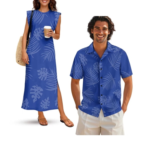 KUIFORTI Couple Matching Outfits Matching Vacation Outfits for Couples Blue Tropical Leaf Spring Boho Maxi Dress with Pockets Soft and Comfortable Lightweight with Soft Fabric
