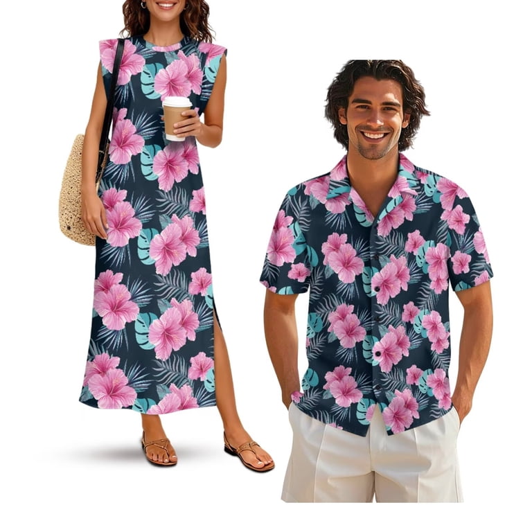 casual matching dress for couple KUIFORTI Outfits Matching Vacation Outfits Couples Soft and Comfortable Beach Vacation Party Shirt Suitable for Everyday Casual Wear Pink Hibiscus Floral accessory_type:Aiguilettes and Fourragere Petal and Pup Women's Color:CORAL SEA LINEN