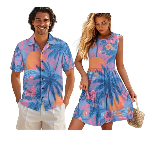 KUIFORTI Couple Matching Outfits Sunset Palm Tree Matching Vacation Outfits for Couples Spring Boho Maxi Dress Loose Cut Soft and Comfortable Lightweight with Soft Fabric