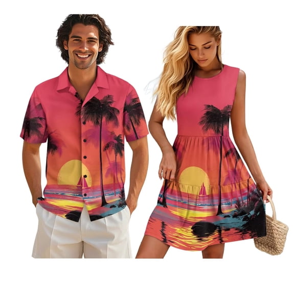 KUIFORTI Couple Matching Outfits Sunset Palm Trees Spring Womens Dresses Sleeveless Flowy Dress Button Down Shirt Men Short Sleeve Shirts with Soft Fabric Fit for Honeymoon Trip