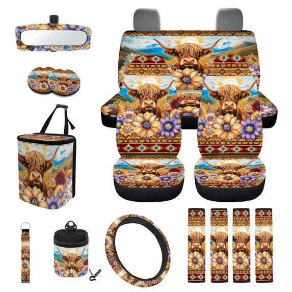 KUIFORTI Cow Aztec Car Seat Covers Non Slip 15 Pieces Aotumotive Interior Sets Car Air Vent Storage Organizer Comfortable All-Season Protection Fits for Cars Truck SUV