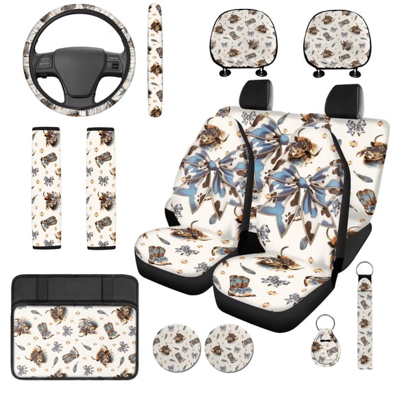 KUIFORTI Cow Bow Car Seat Full Set Breathable 14 Pieces Front Rear Seat Covers with Seat Belt Pads Suitable for Cars, SUV and Trucks Durable Elastic Fabrics Washable Non Slip