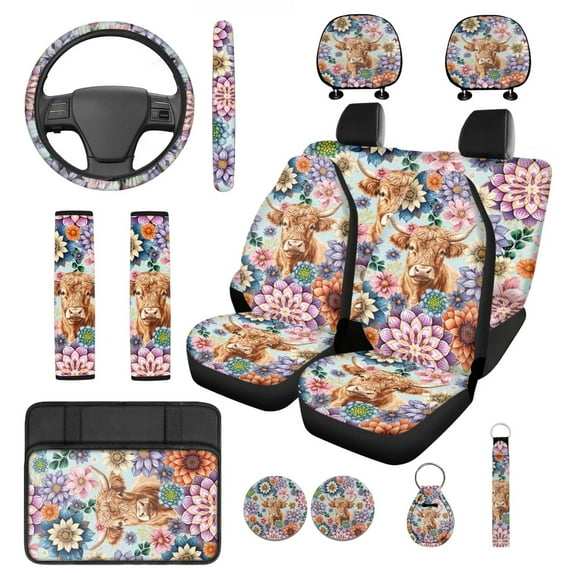 KUIFORTI Cow Flower Automobile Seat Covers Set of 14 with Car Headrest Protectors Auto Seat Belt Cover Car Steering Wheel Cover Auto Center Console Pad Fit for Most Cars