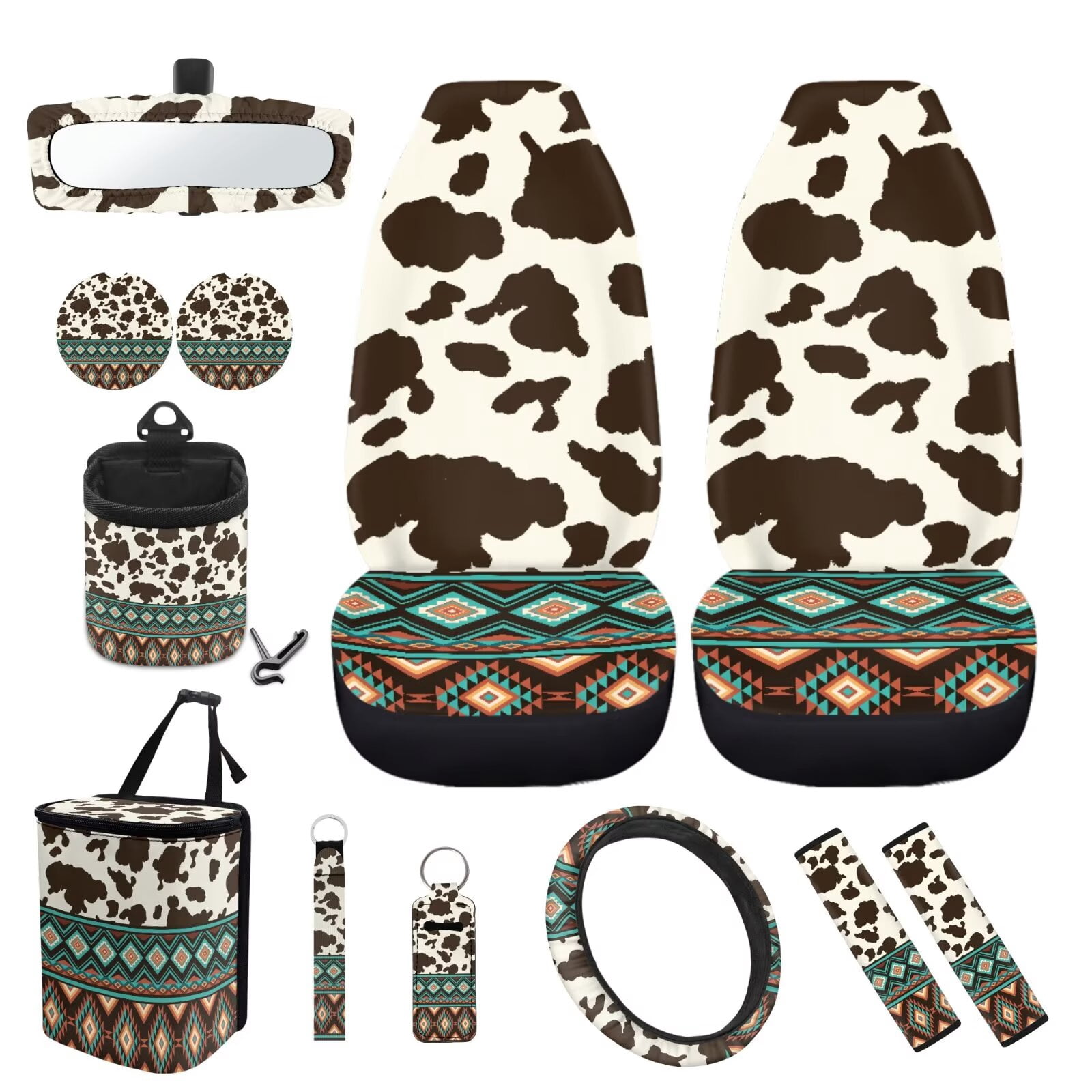 KUIFORTI Cow Print Auto Seat Covers for Women Native American Tribal Car Seat Protector Interior Set with Steering Wheel Cover +Coasters+Keychain+Interior Mirror Cover+Chapstick Holder+Car Trash Bag