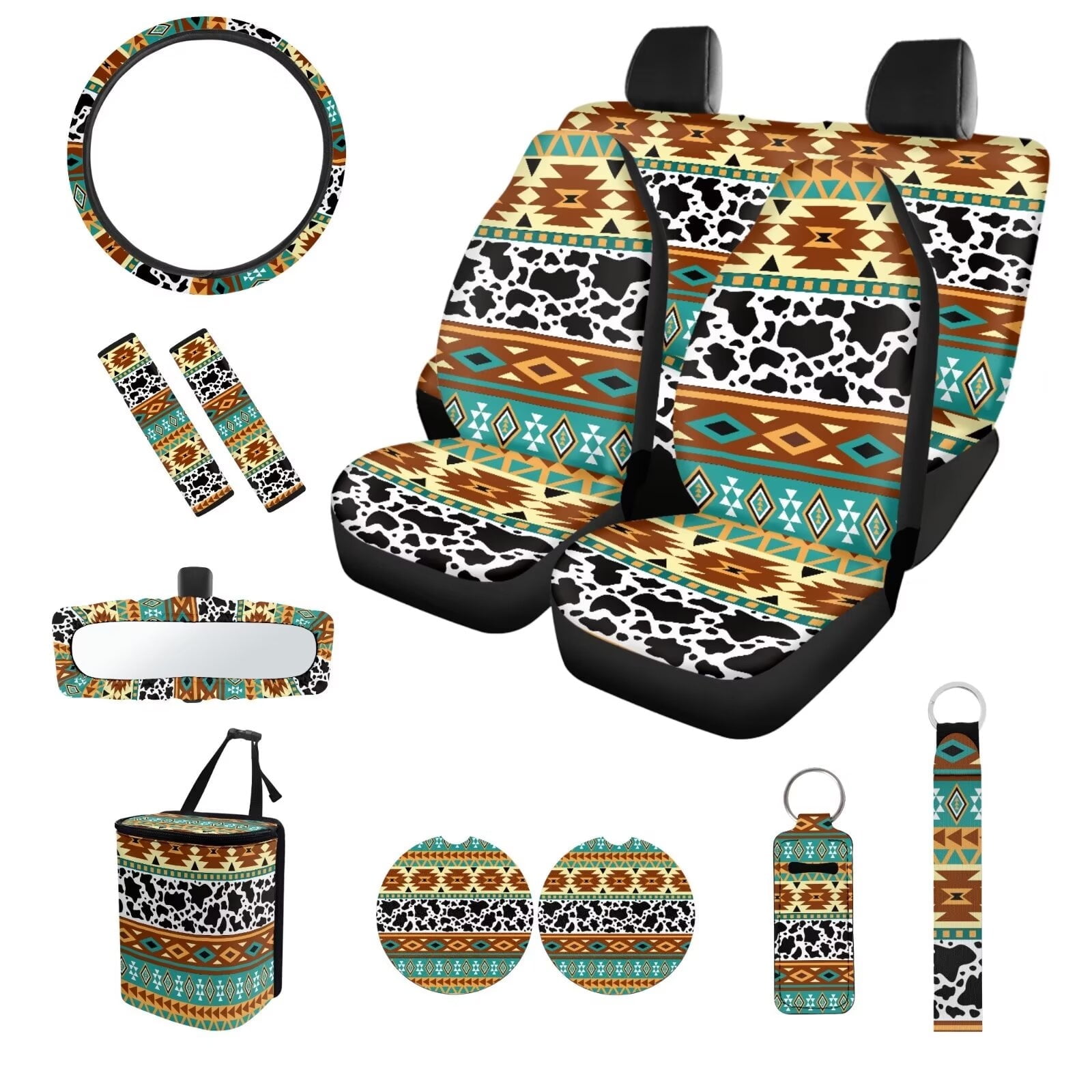KUIFORTI Cow Print Car Seat Covers Full Set with Steering Wheel Cover Boho Car Accessories for Women Front Rear Seat Covers Wrist Strap Seat Belt Cover for SUV Car