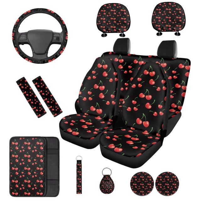 KUIFORTI Cow Print Car Seat Covers Set 14 Pcs with Steering Wheel Cover Auto Center Console Pad Seat Belt Pads Car Headrest Covers Stretch Polyester Fabric Cover for Cars