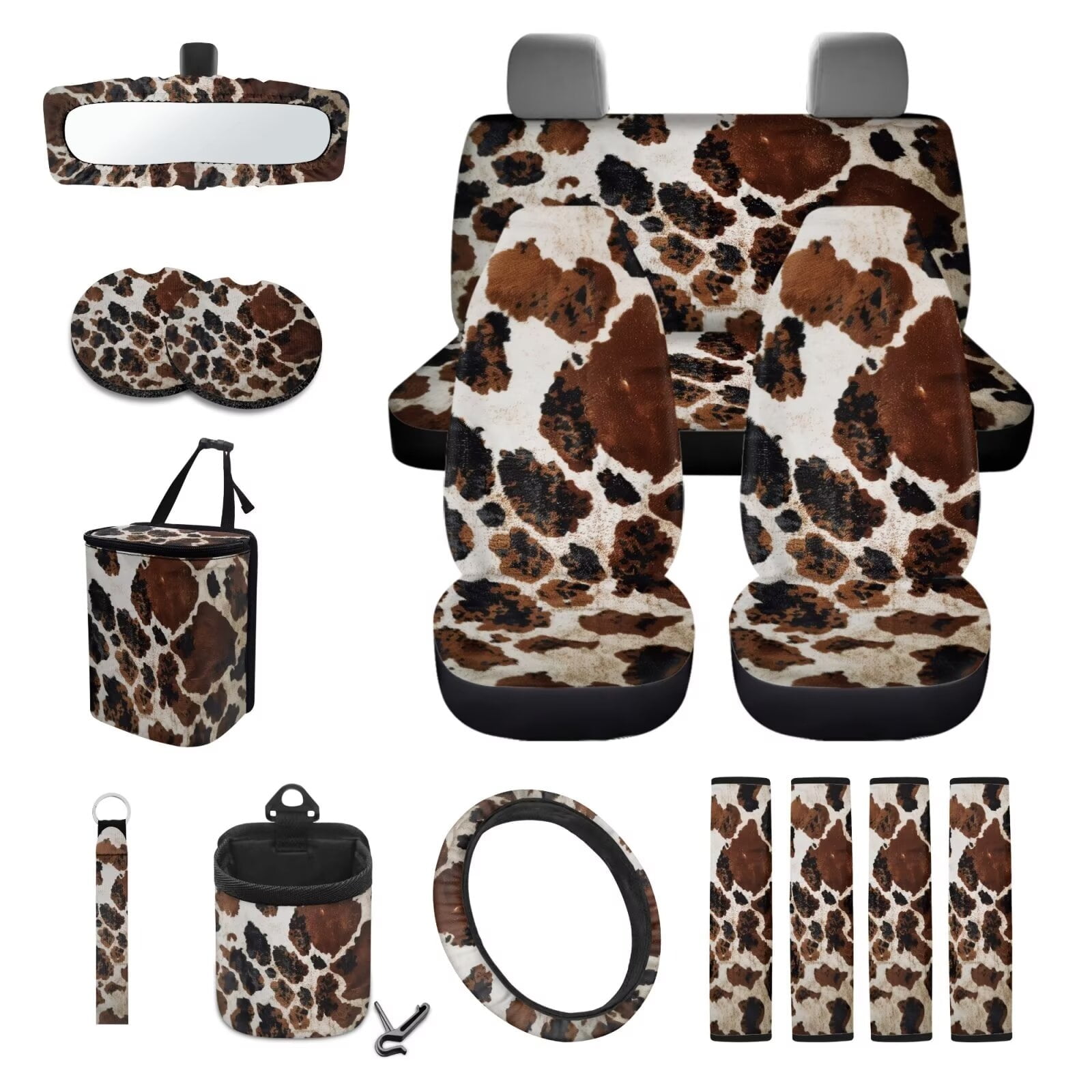 KUIFORTI Cow Print Car Seat Covers and Steering Wheel Cover and Seat Belt Covers 15 Pack Automotive Interior Accessories Seat-Covers-and-Accessorie, Easy to Install