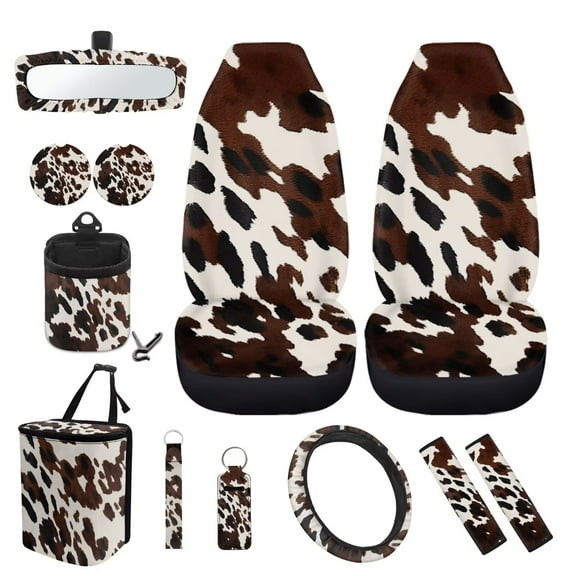 KUIFORTI Cow Print Car Seat Protector, Automotive Seat Covers for Trucks SUV Sedans, Universal Fit Steering Wheel Cover Safety Seatbelt Keychain Coaster Mirror Cover, 12 Pack Automotive Interior Sets