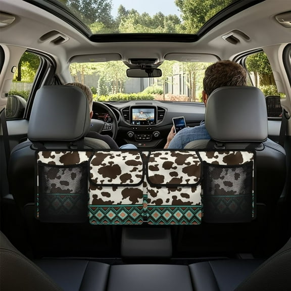 KUIFORTI Cow Print Car Trunk Organizer, Boho Car Accessories Adjustable Backseat Trunk Organizer(37.01"*11.8"), Hanging Car Storage Organizer with Lids, Car Organizer for SUV/MPV/Truck