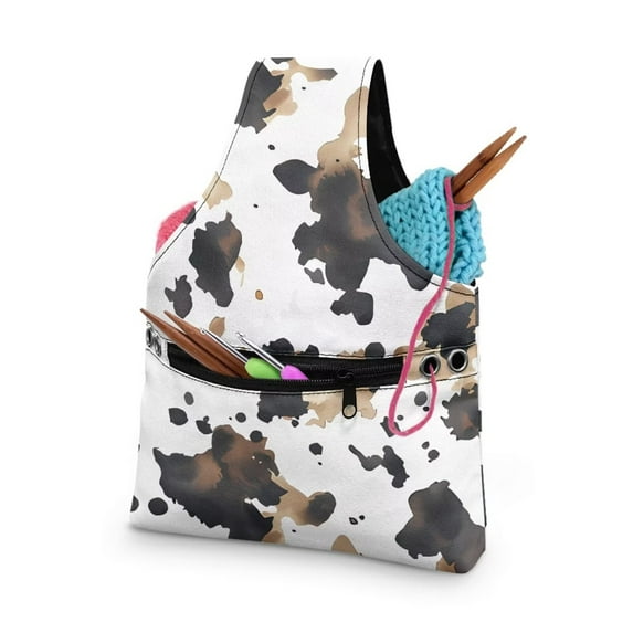 KUIFORTI Cow Print Knitting Yarn Bag Tote Crochet Accessories Crochet Bag Organizer for Women Girls Yarn Bags for Crocheting on The Go, Small Size