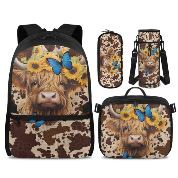 KUIFORTI Cow Sunflower Backpack and Lunch Box, 4Pcs Kids School Bag Set for Elementary Primary Middle School, Girls Boys Bookbag with Pencil Case Water Bottle Sleeve
