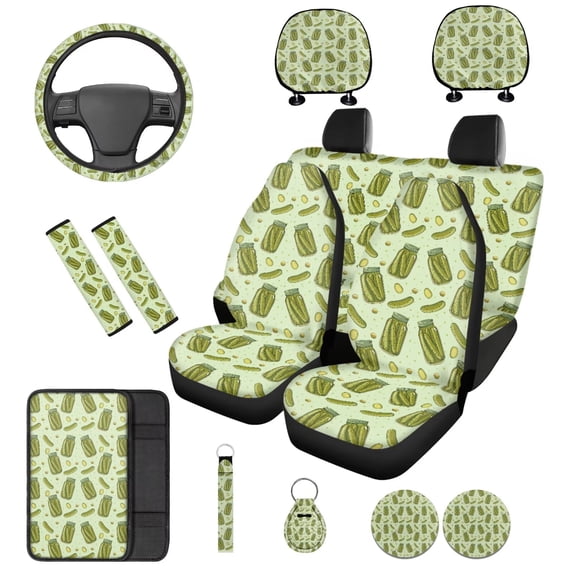 KUIFORTI Cucumber Auto Seat Covers 14 Pack with Car Steering Wheel Accessories Auto Center Console Armrest Pad Seat Belt Pads Car Headrest Covers for Cars Sedans and SUVs
