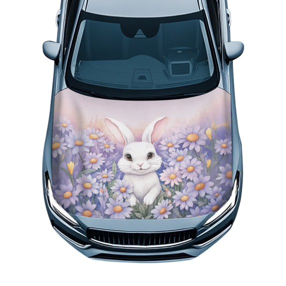 KUIFORTI Cute Bunny Purple Daisy Print Car Hood Cover Protector, Stretchable Fade-Resistant Easy Install Hood Wrap Protector, Fits Most Sedans Trucks SUVs Automotive Decor Accessory