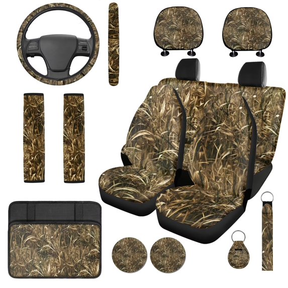 KUIFORTI Cute Camouflage Automobile Seat Cover Sets Soft 14 Pack Automotive Front Seat & Bench Back Seat Cover with Head Rest Protector Universal Fit Cars SUV Trucks Non Slip Durable Easy to Install