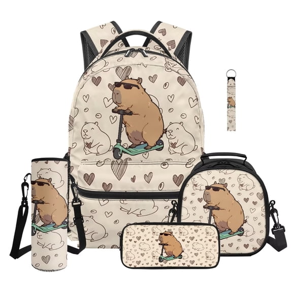 KUIFORTI Cute Capybara Backpack Set of 5 Kids Backpack for Boys with Lunch Box Pencil Case and Water Bottle Cover Keychain for Kids Teens Elementary Middle School