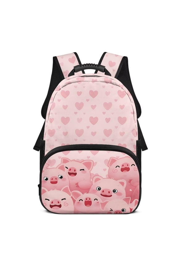 Cute Cartoon Pig Print 17 Inch Kids Backpack Polyester School Bag with Laptop Compartment Suitable for Elementary Middle Back to School Gifts for Students