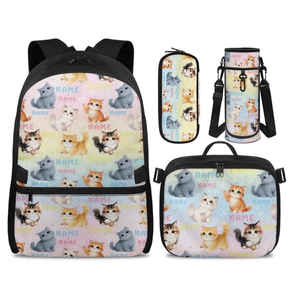 KUIFORTI Cute Cat Bookbag with Lunch Box, 4Pcs Kids Backpack Set for Elementary School Students, Boys Girls School Bag with Pencil Pouch Water Bottle Sleeve Back to School Supplies