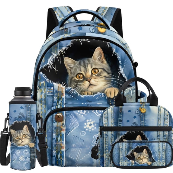 KUIFORTI Cute Cat Lightweight Backpack and Lunch Box Kid Backpack Set 4Pcs Girls School Bag Pencil Bags Water Bottle Sleeve for Elementary Primary Middle School Back to School Supplies