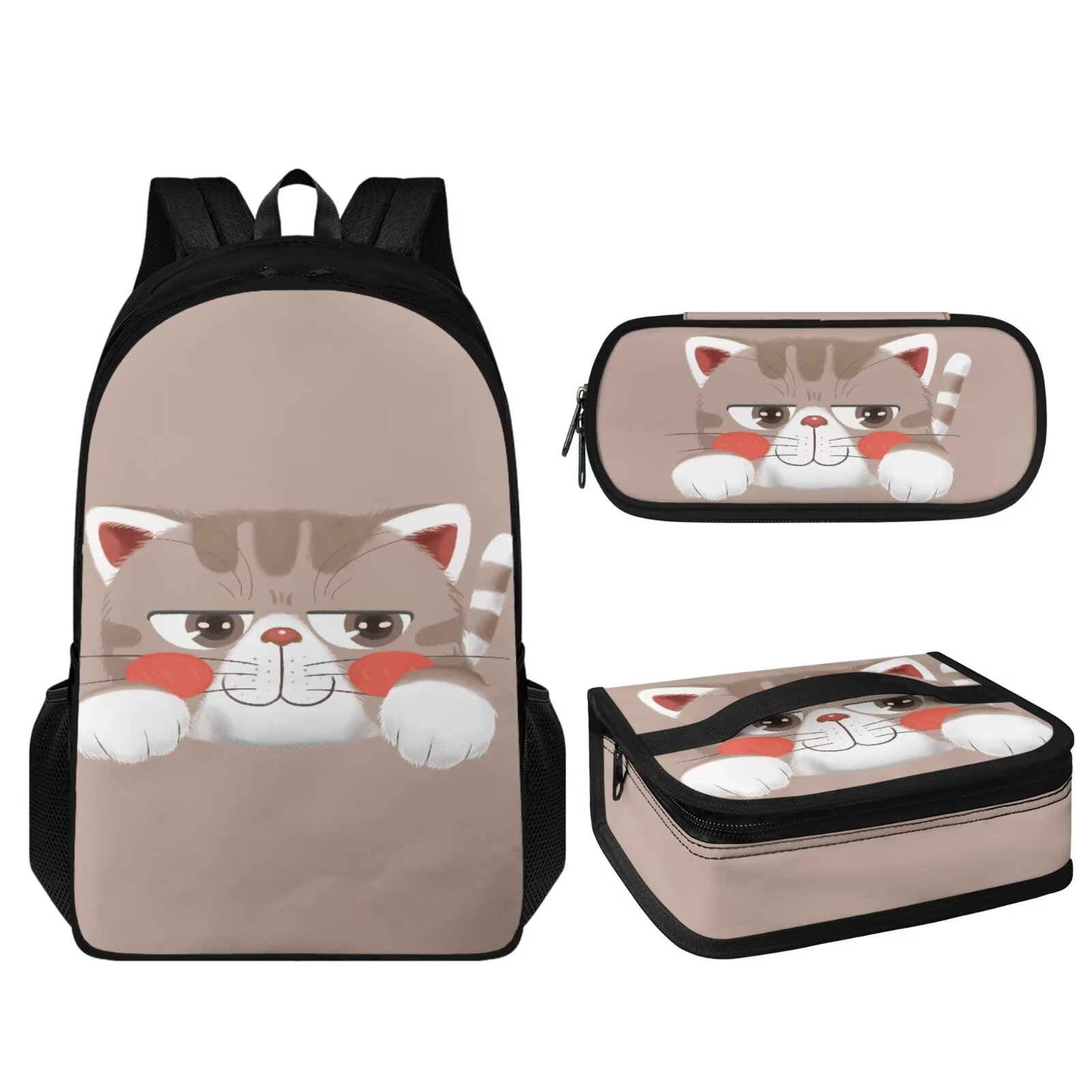 KUIFORTI Cute Cat Shoulder Bag Handbag Pencil Container Bag Backpack Lunch Pouch Zipper Closure, Set of 3