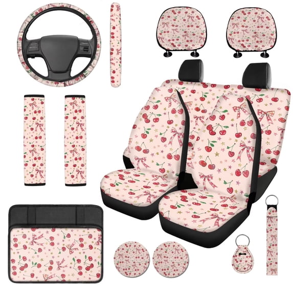 KUIFORTI Cute Cherry Automobile Seat Cover Sets Comfortable Set of 14 Automotive Rear Front Seat Protector Car Headrest Cover Durable Anti Slip for Most Sedan Truck SUV