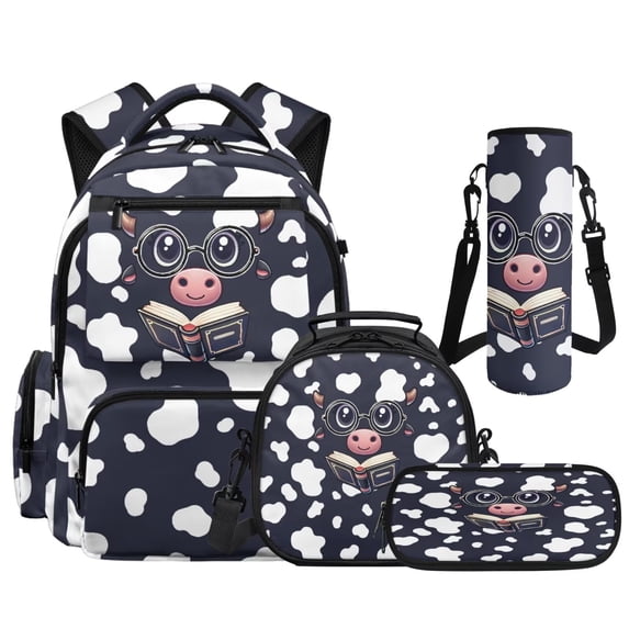 KUIFORTI Cute Cow Print Girls Backpack Set, Adorable School Bag with Lunch Box Pencil Pouch Water Bottle Sleeve for Elementary Primary Middle School