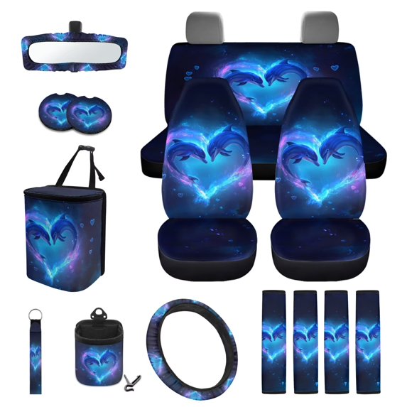 KUIFORTI Cute Dolphin Car Seat Covers Wear-Resistant 15 Pieces Car Accessories Full Set for Women Men Elastic Fabrics Washable Easy to Install Suitable for Cars, SUV and Truck