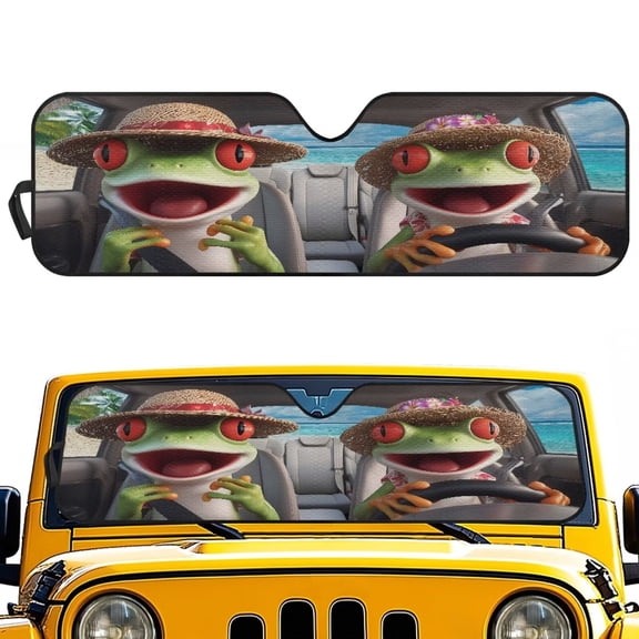 KUIFORTI Cute Frog Windshield Sun Shade Sun Visor Blocks UV Rays Sunshade Foldable Sunshade for Car Front Window Compatible with Jeep Wrangler JL JLU & Jeep Gladiator