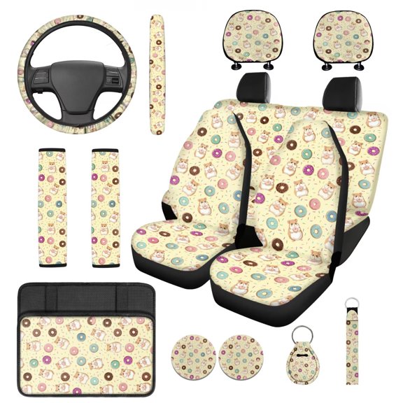 KUIFORTI Cute Hamster Auto Seat Covers Set 14 Pcs with Auto Center Console Pads Steering Wheel Cover Seat Belt Pads Car Headrest Protectors Cars Cup Coasters for Most Cars