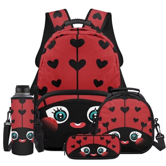 KUIFORTI Cute Ladybug 4Pcs Girls Backpack Set, Fashion School Bag with Lunch Box Pencil Case Water Bottle Sleeve for Elementary Middle School Kids Back to School Essentials Gifts