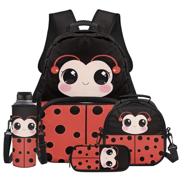 KUIFORTI Cute Ladybug Backpack with Lunch Box Girls School Bag Pencil Case Water Bottle Sleeve Kid Backpack Set of 4 for Teens Elementary Middle School Back to School Essentials Gifts