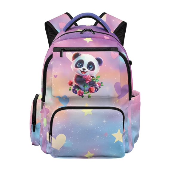 KUIFORTI Cute Panda Printed 17 Inch Girls School Backpack Durable Polyester Bookbag for Elementary Primary Middle School Students with Multi Pockets Back to School Gifts