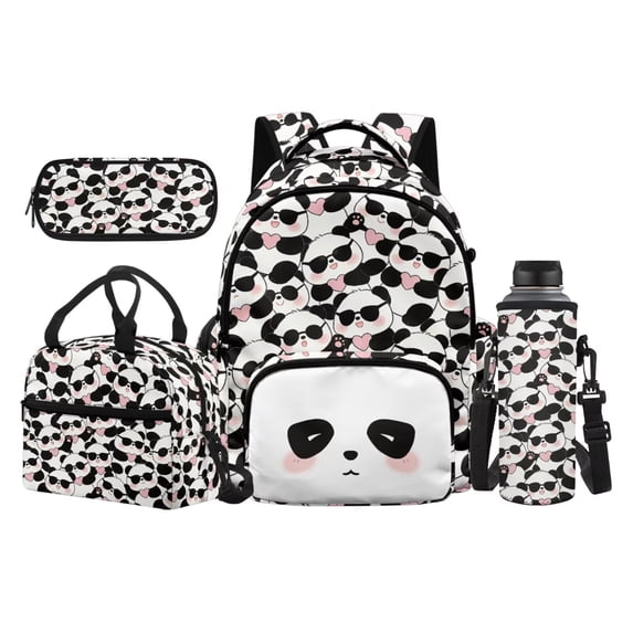 KUIFORTI Cute Panda School Bag and Lunch Bag Set of 4 with Pencil Case Water Bottle Sleeve for Kids Elementary Primary Middle School Students