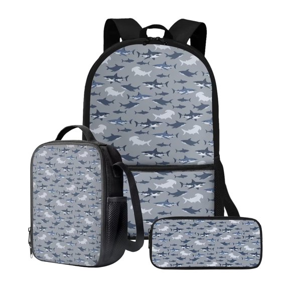 KUIFORTI Cute Shark Print Pencil Case Casual Shoulder Backpack Lunch Pouch Zipper Closure 3 Pack Crossbody Bag Set