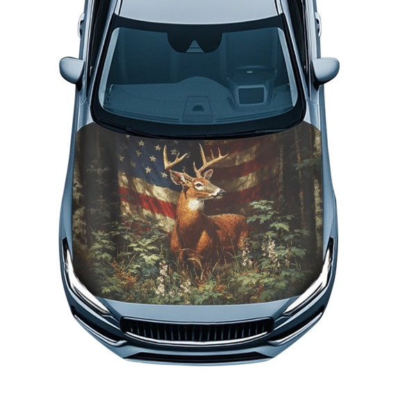 KUIFORTI Deer American Flag Car Hood Cover, Fade-Resistant All-Weather Hood Wrap Protector, Removable Covers with Elastic Band Fits Most Sedans, Trucks, SUVs, Pickups