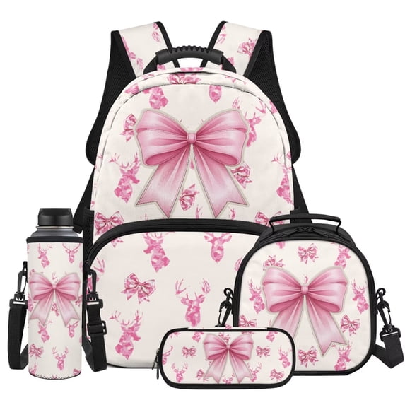 KUIFORTI Deer Bow Kids Backpack Set 4Pcs with Lunch Bag Pencil Case Water Bottle Holder for Elementary Primary Middle School Boys Girls Back to School Supplies Gifts