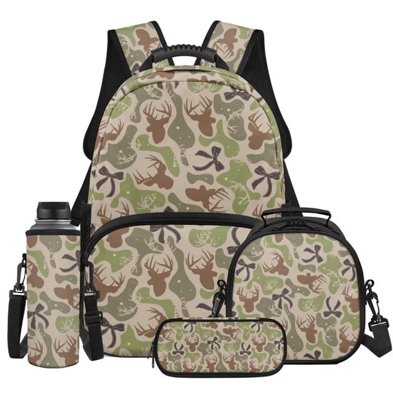 KUIFORTI Deer Camo Bow Backpack for Boys Girls Kid Backpack Set of 4 Bookbag with Lunch Box for Elementary Primary Middle School Students Back to School Essentials Gifts