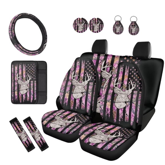 KUIFORTI Deer Pink Camo Automobile Seat Covers Full Set 12 Pack Car Steering Wheel Accessories Auto Seat Belt Cover Car Center Console Cover Universal Fit for Cars SUV Sedans