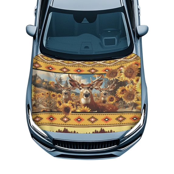 KUIFORTI Deer Sunflower Aztec Print Car Hood Cover Protector Stretchable Fade-Resistant Auto Hood Wrap Easy Installation All-Weather Fits Sedans, Trucks, SUVs, Pickups