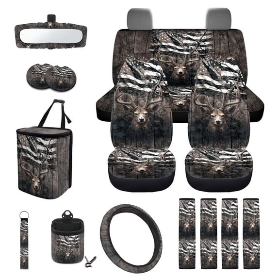 KUIFORTI Deer US Flag Car Seat Covers Full Set All-Season Protection 15 Pieces Automotive Rear Front Seat Protector Car Seat Belt Cover Soft Easy to Install for Most Sedan Truck SUV