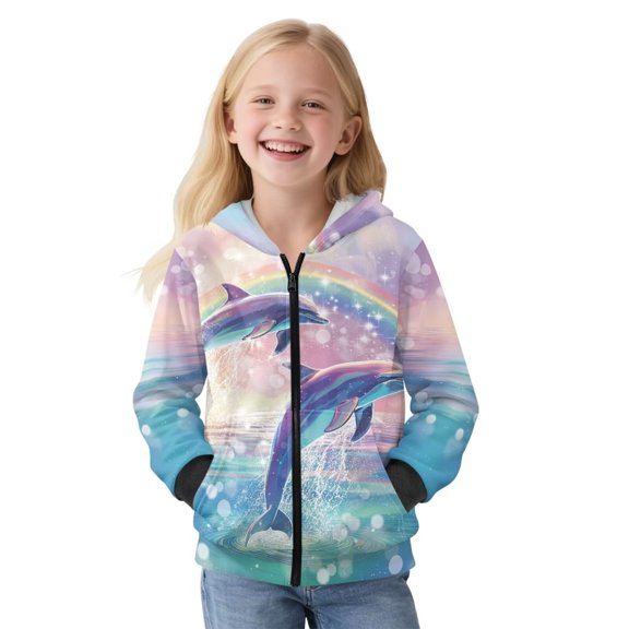 KUIFORTI Dolphins Girls Crewneck Sweatshirt Fashion Breathable Zip Up Hoodie Sweatshirt for Girls 14-16 Fleece-Lined Outwear with Pockets for Spring, Fall and Winter