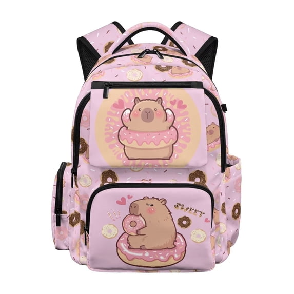 KUIFORTI Donut Capybara Kids School Backpack 17 Inch Casual Bookbag Girls Polyester Backpacks with Laptop Compartment for Elementary Primary Middle School