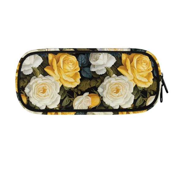 KUIFORTI Double Zippered Pen Holder Pencil Case Portable Study Accessories Pen Box Pouch Lightweight Stationery Organizer, Rose Floral White and Yellow